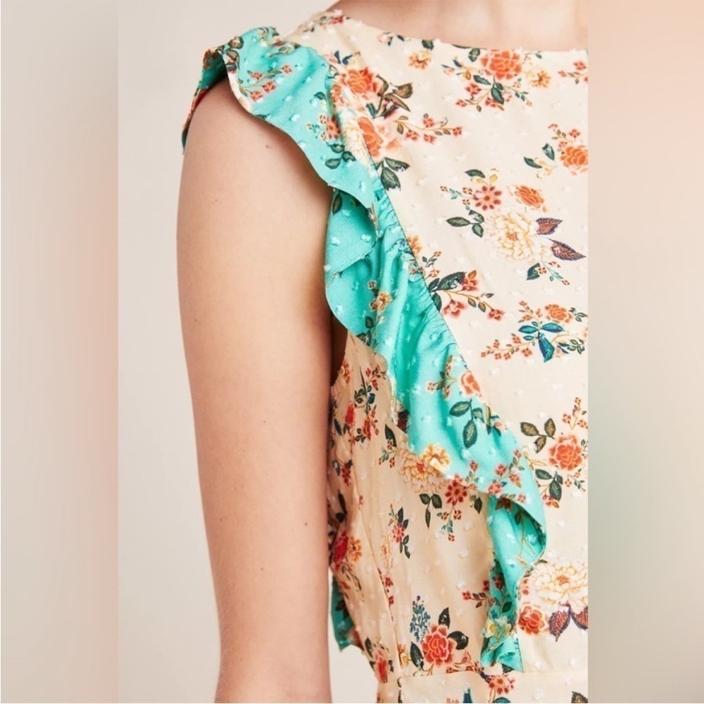 FARM Rio Cream Floral Ruffle Top with Teal Trim - Picture 2 of 16